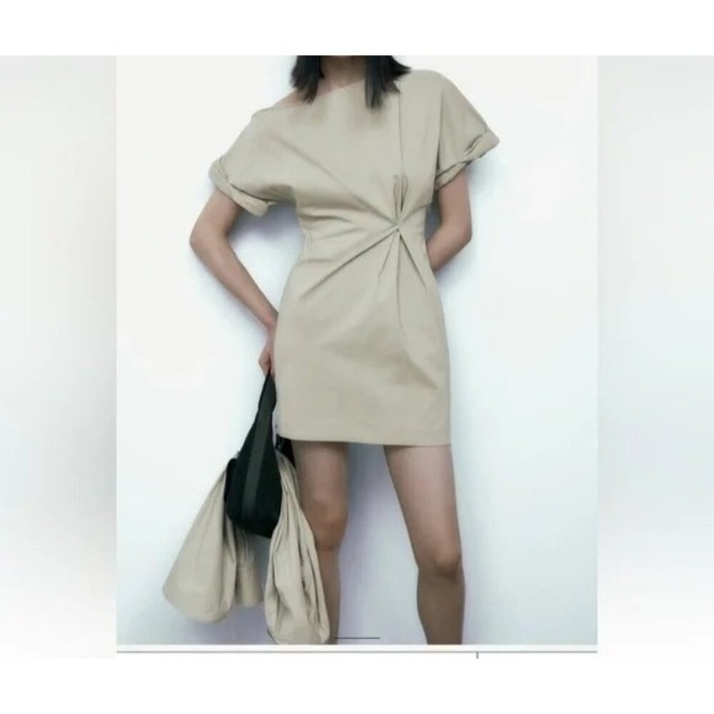 Zara Asymmetrical Architectural Pleated Dress Womens Small Neutral Avant Garde